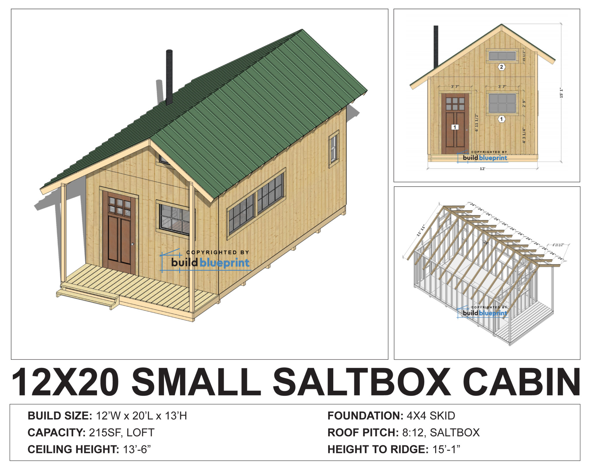 12 x 20 Saltbox Tiny Cabin DIY Plans - Build Blueprint