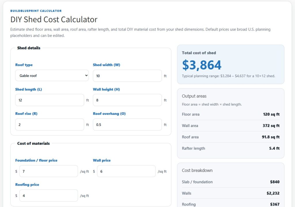 shed material cost calculator tool