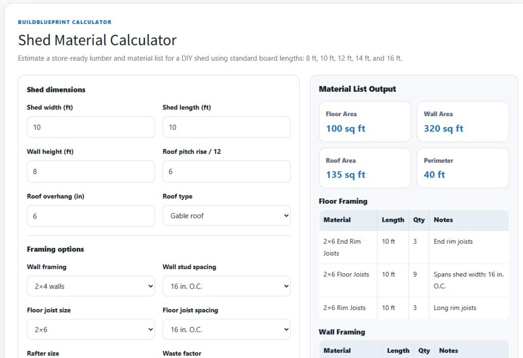 Shed Material List Calculator